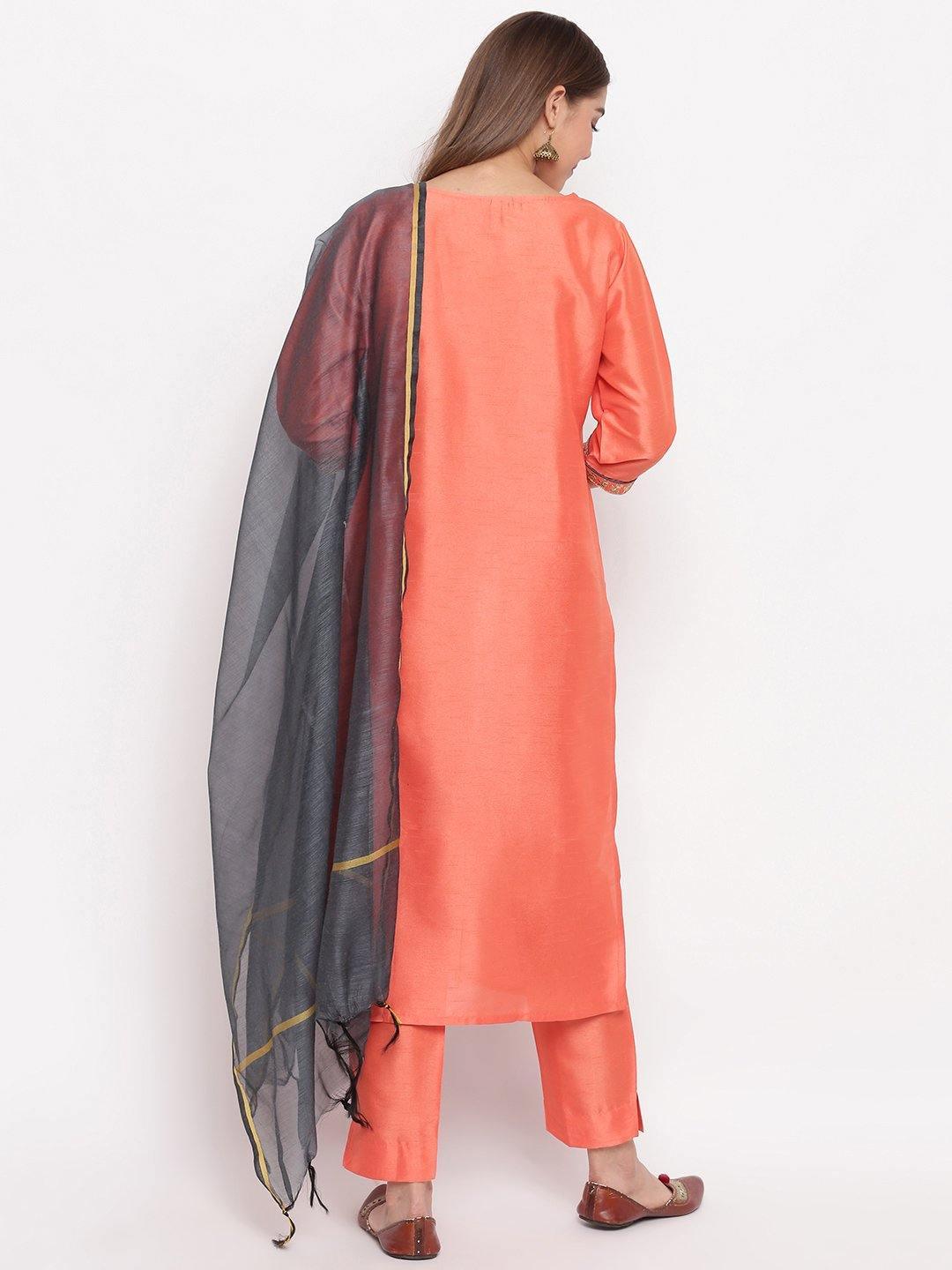 Women's Peach Poly Silk Kurta With Pant And Dupatta-Mansa - Indiakreations