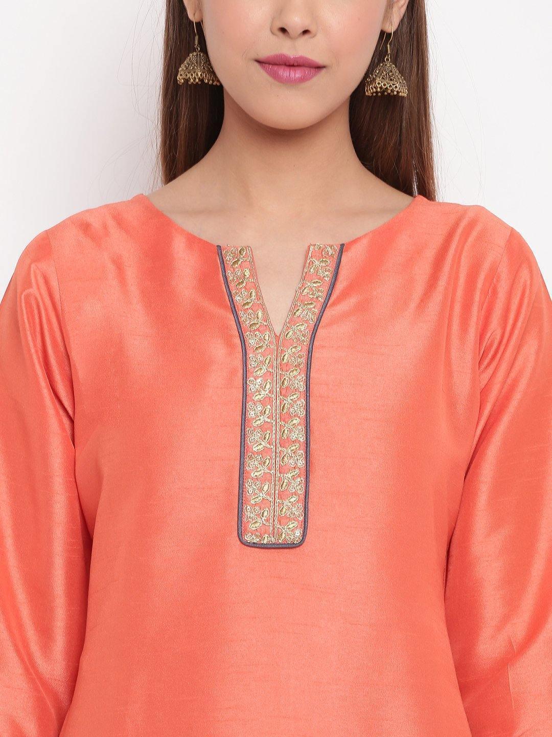 Women's Peach Poly Silk Kurta With Pant And Dupatta-Mansa - Indiakreations