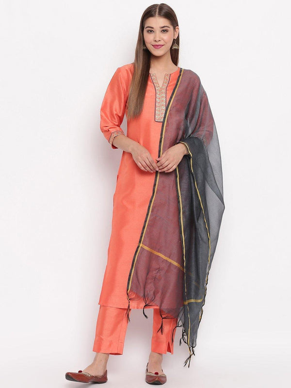 Women's Peach Poly Silk Kurta With Pant And Dupatta-Mansa - Indiakreations