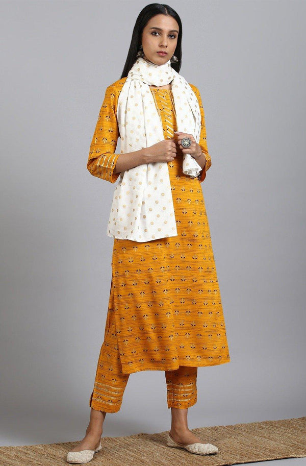 Women's Mustard Rayon Kurta With Pant And Dupatta-Mansa - Indiakreations