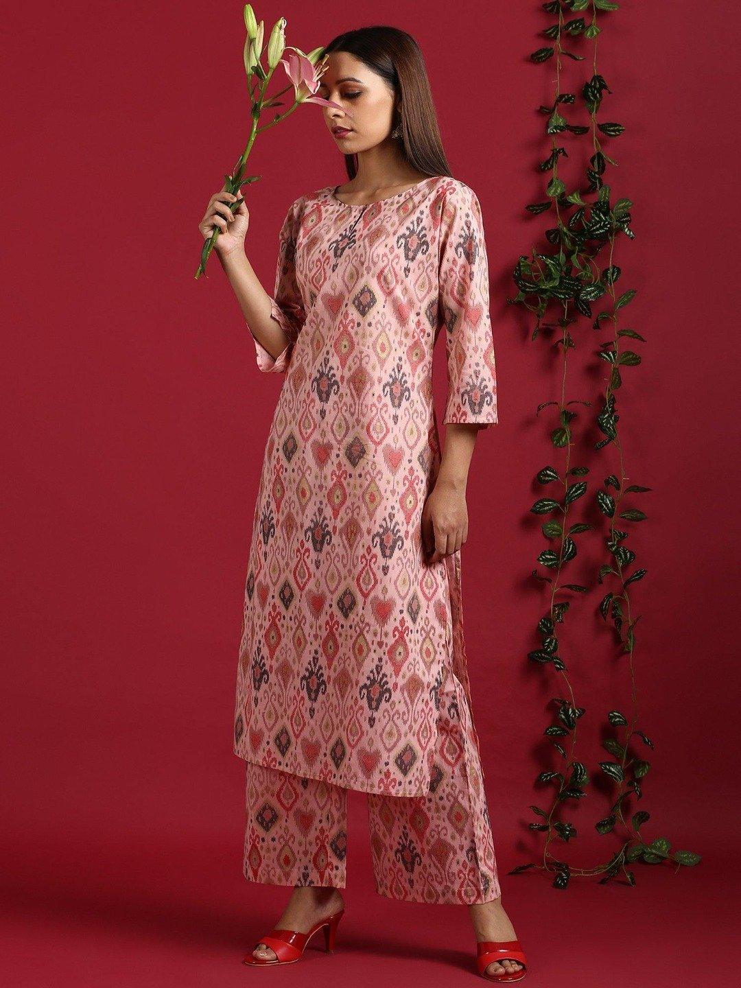 Women's Pink Cotton Kurta With Palazzo-Mansa - Indiakreations