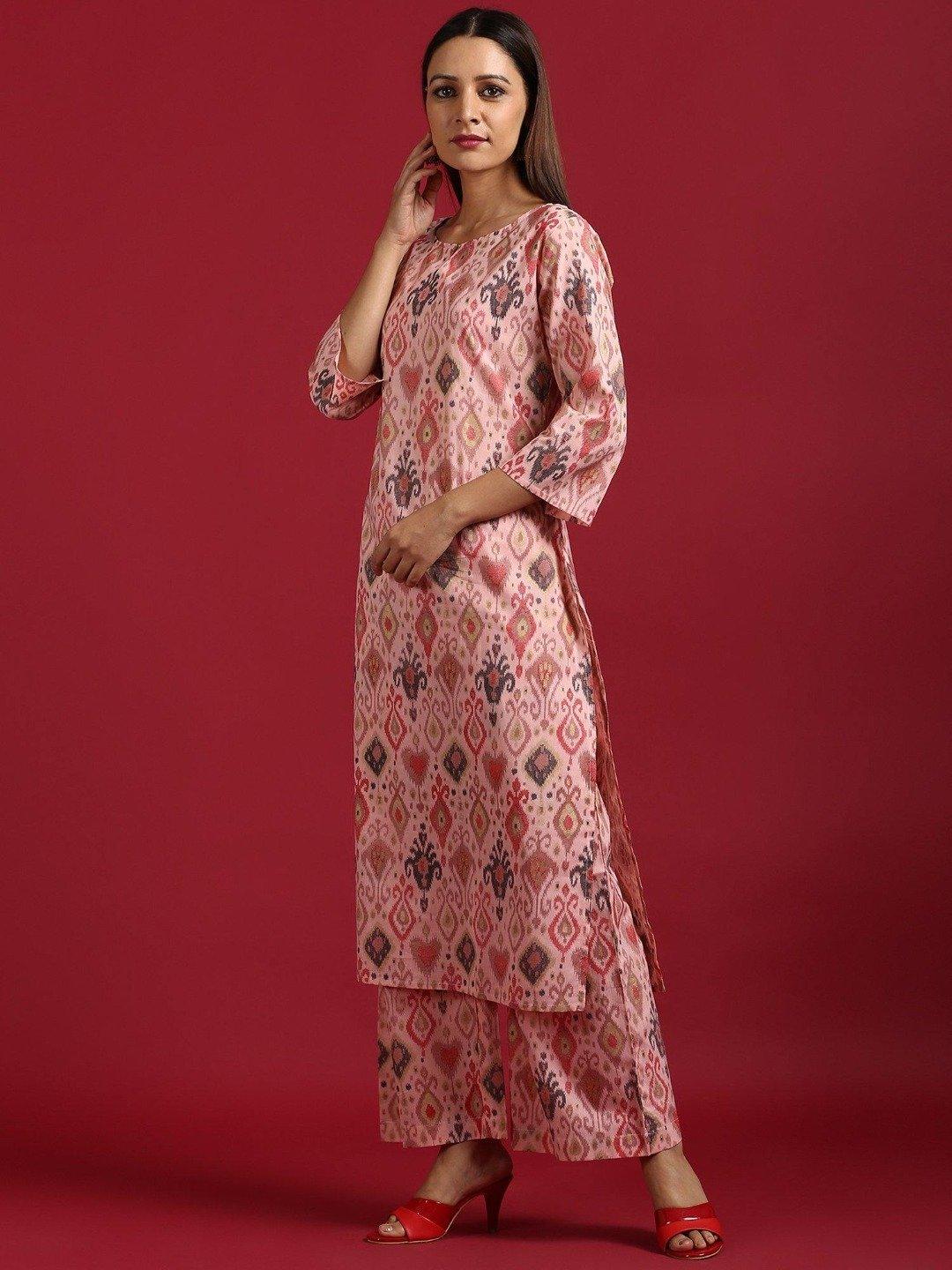 Women's Pink Cotton Kurta With Palazzo-Mansa - Indiakreations