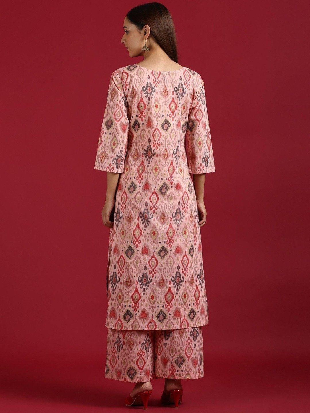 Women's Pink Cotton Kurta With Palazzo-Mansa - Indiakreations