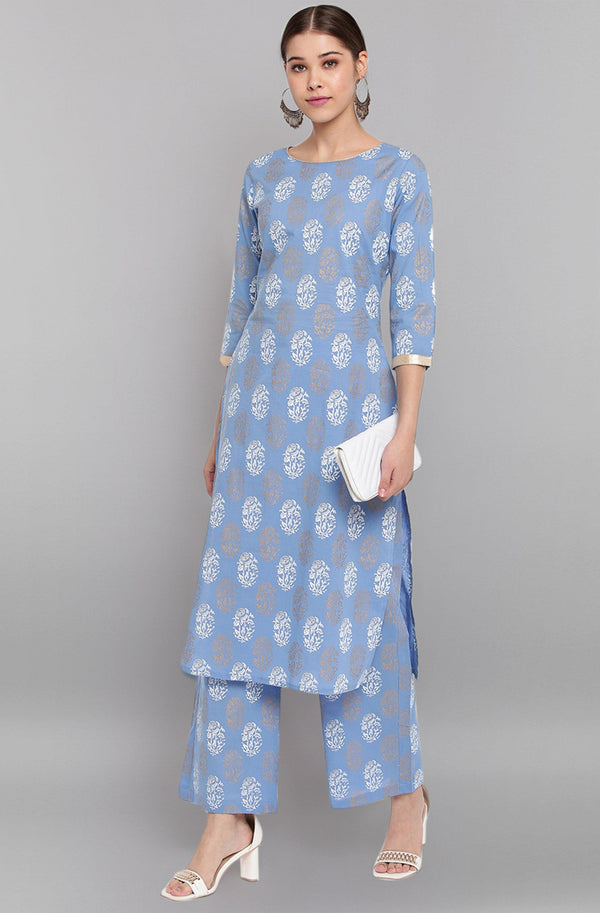 Women's Blue Cotton Floral Print Kurta With Palazzo - Mansa - Indiakreations