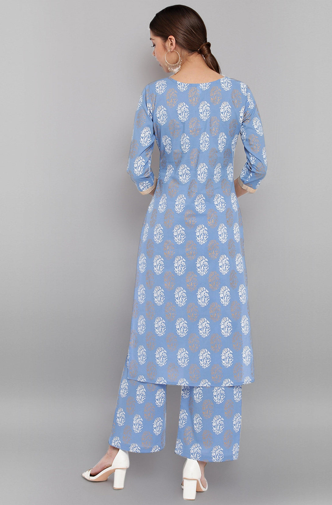 Women's Blue Cotton Floral Print Kurta With Palazzo - Mansa - Indiakreations