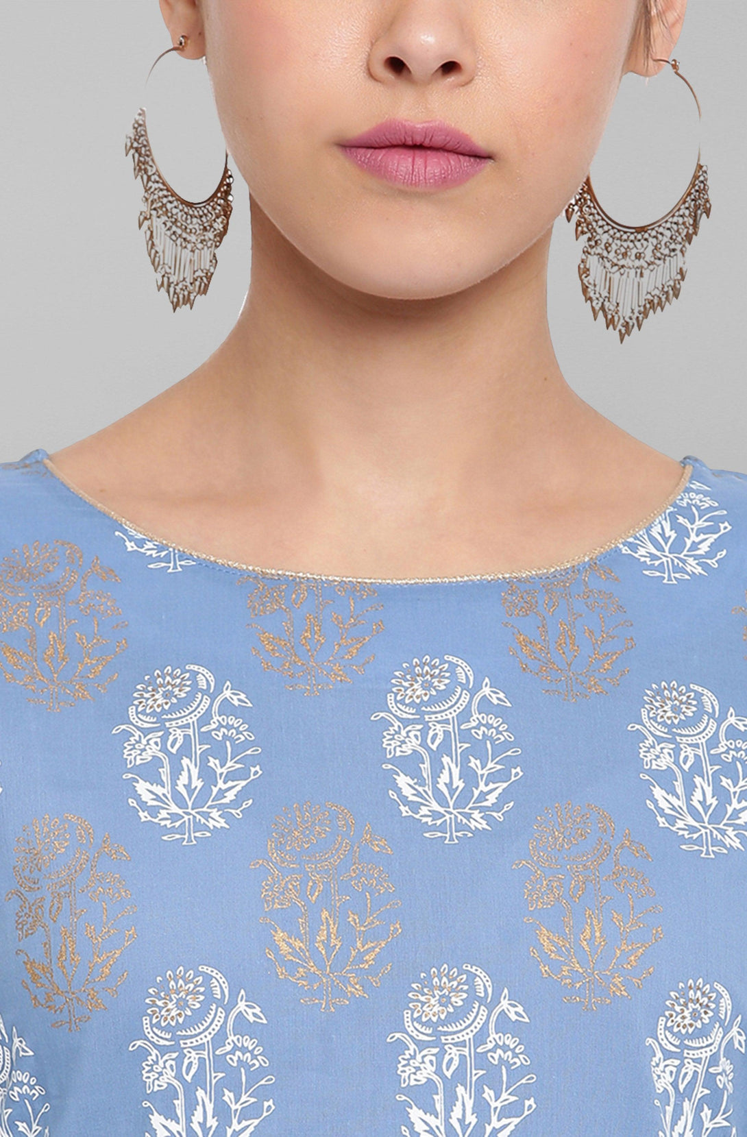 Women's Blue Cotton Floral Print Kurta With Palazzo - Mansa - Indiakreations