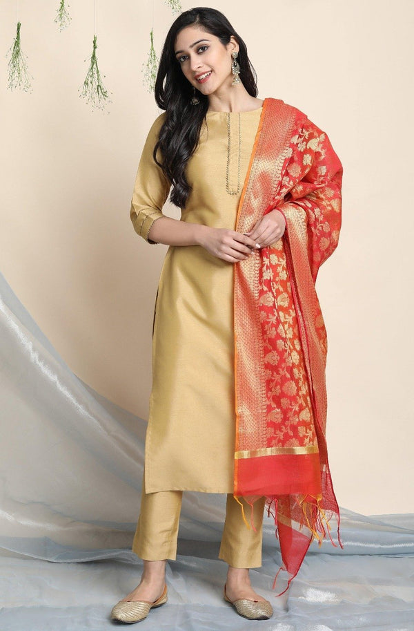 Women's Gold Poly Silk Kurta With Pant And Dupatta - Janasya