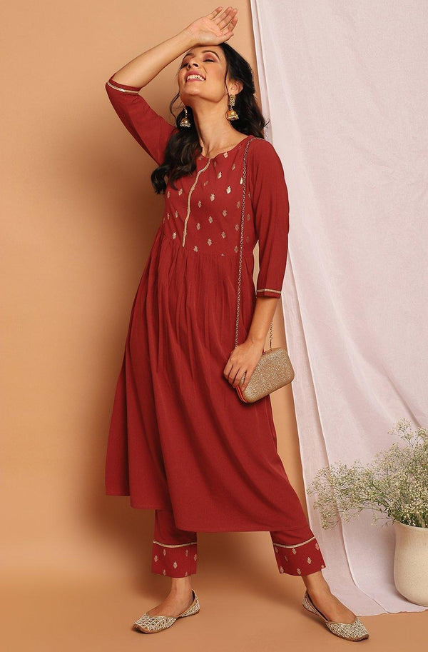 Women's Maroon Poly Crepe Kurta With Pant-Mansa - Indiakreations