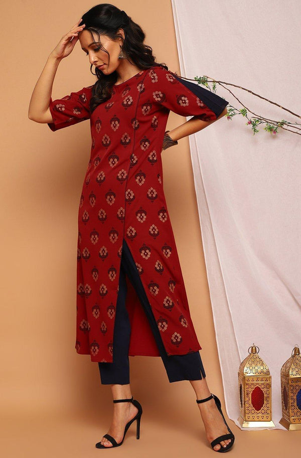 Women's Maroon Poly Crepe Kurta With Pant-Mansa - Indiakreations