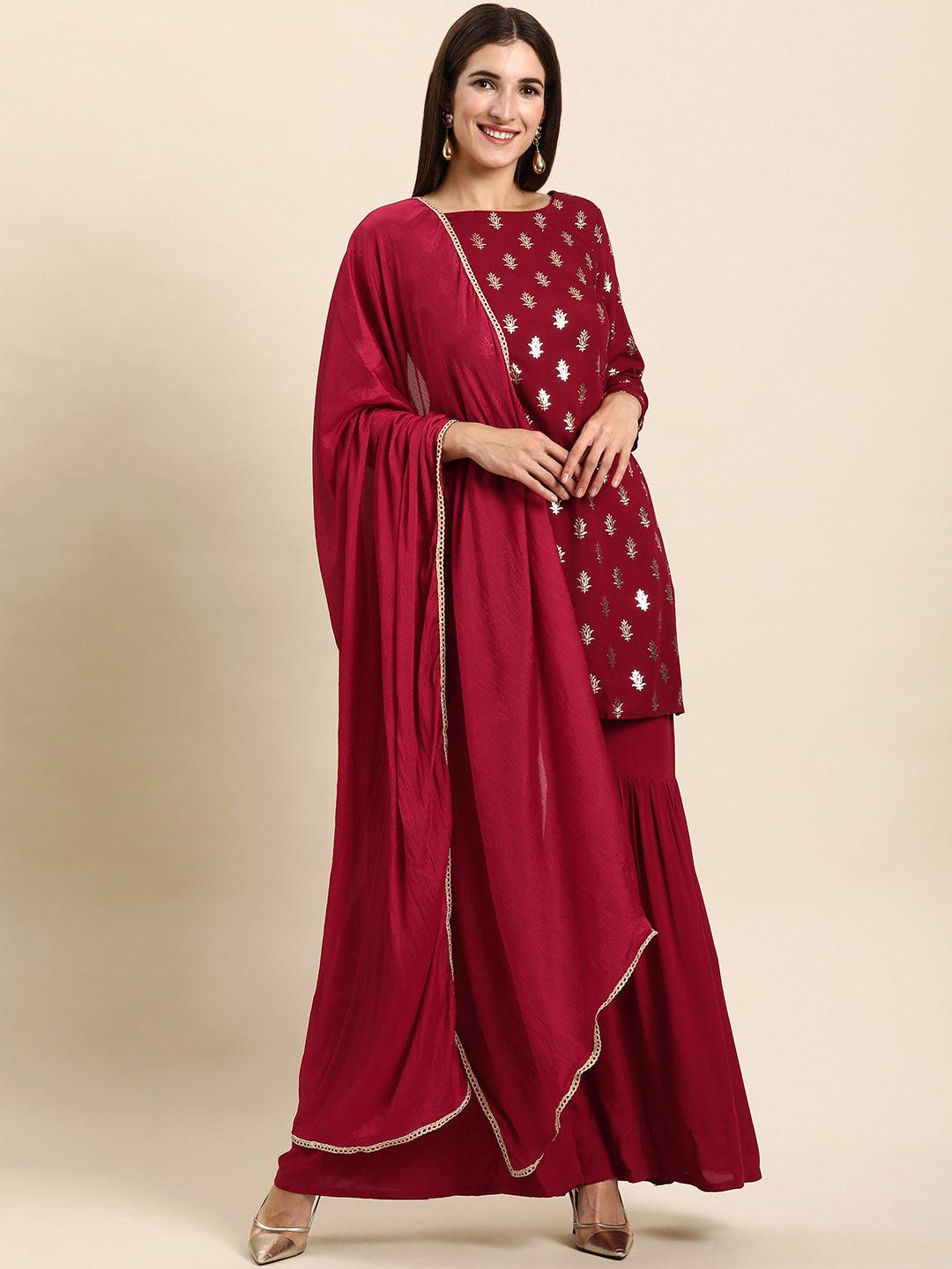 Women's Maroon Rayon Floral Print Kurti With Sharara And Dupatta - Mansa - Indiakreations