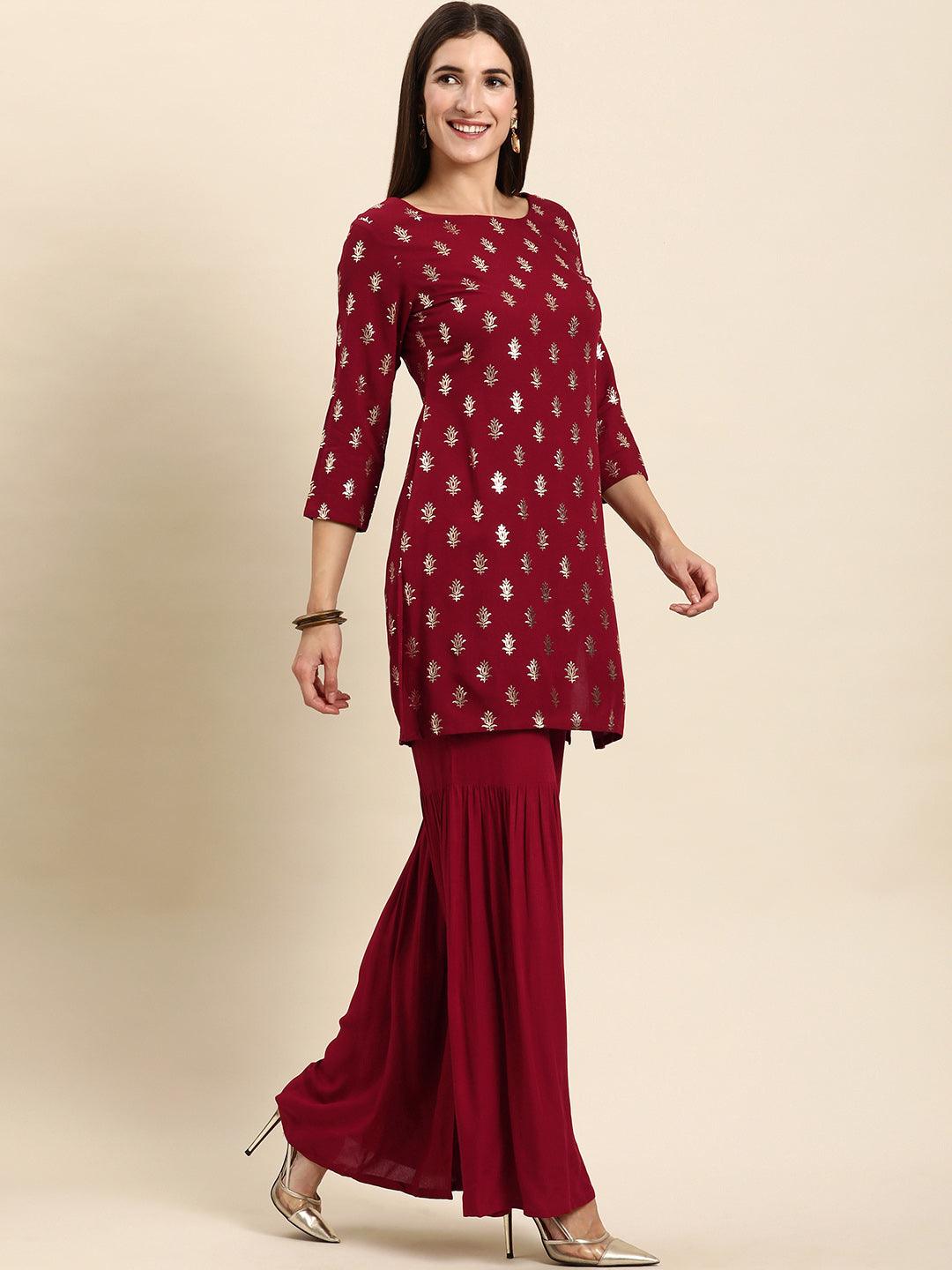 Women's Maroon Rayon Floral Print Kurti With Sharara And Dupatta - Mansa - Indiakreations