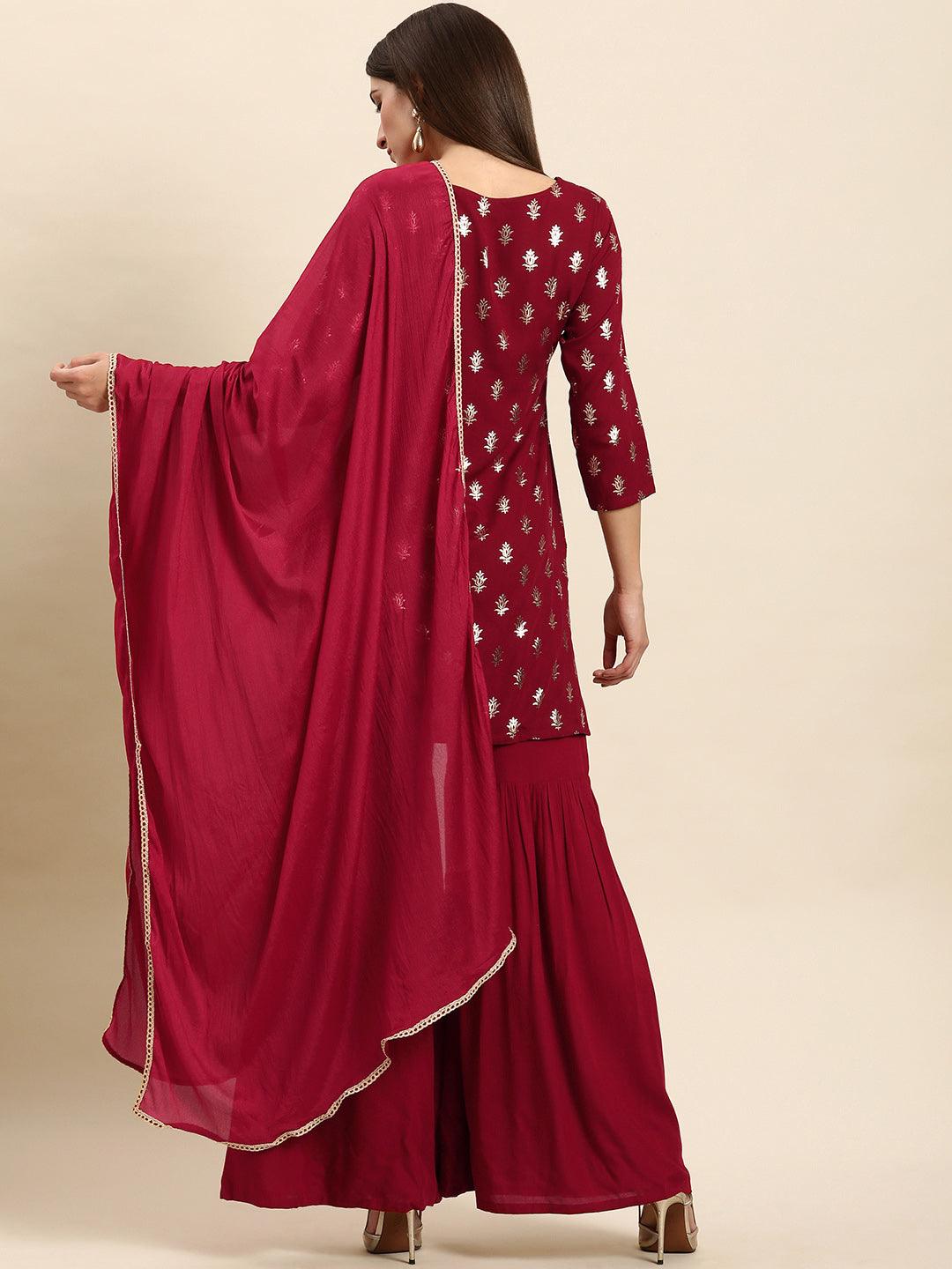 Women's Maroon Rayon Floral Print Kurti With Sharara And Dupatta - Mansa - Indiakreations