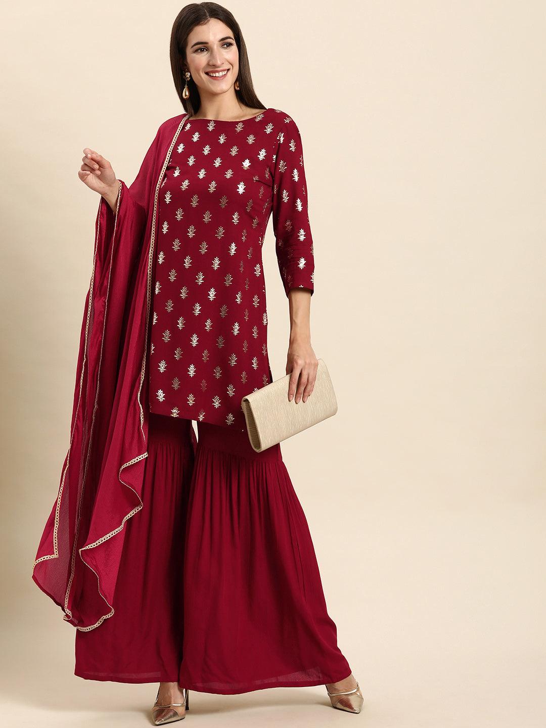 Women's Maroon Rayon Floral Print Kurti With Sharara And Dupatta - Mansa - Indiakreations