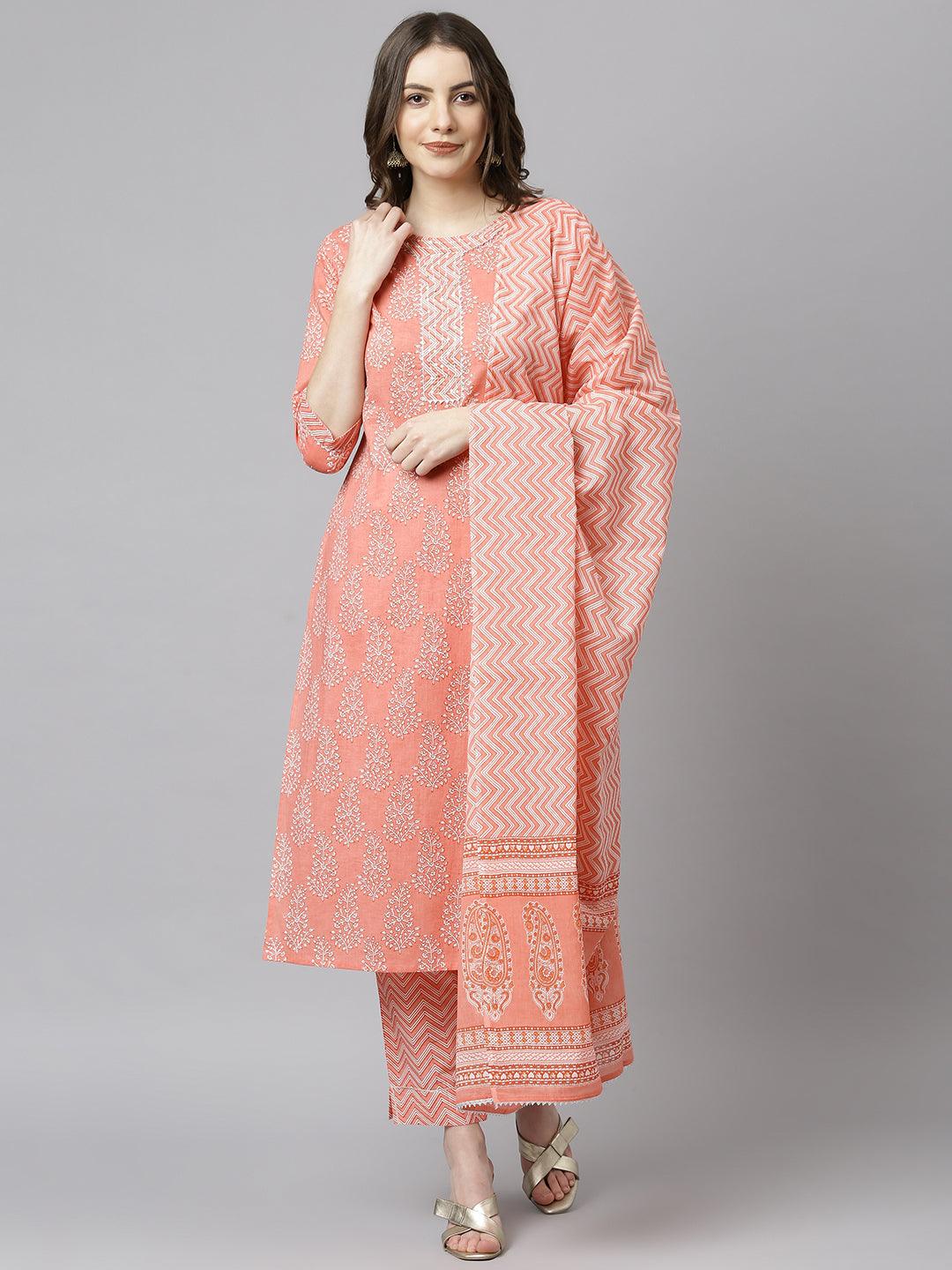 Women's Light Pink Cotton Floral Print Kurta With Pant And Dupatta - Mansa - Indiakreations
