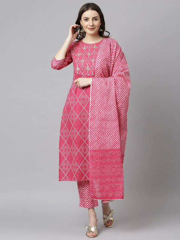 Women's Pink Cotton Bandhani Kurta With Pant And Dupatta - Mansa - Indiakreations