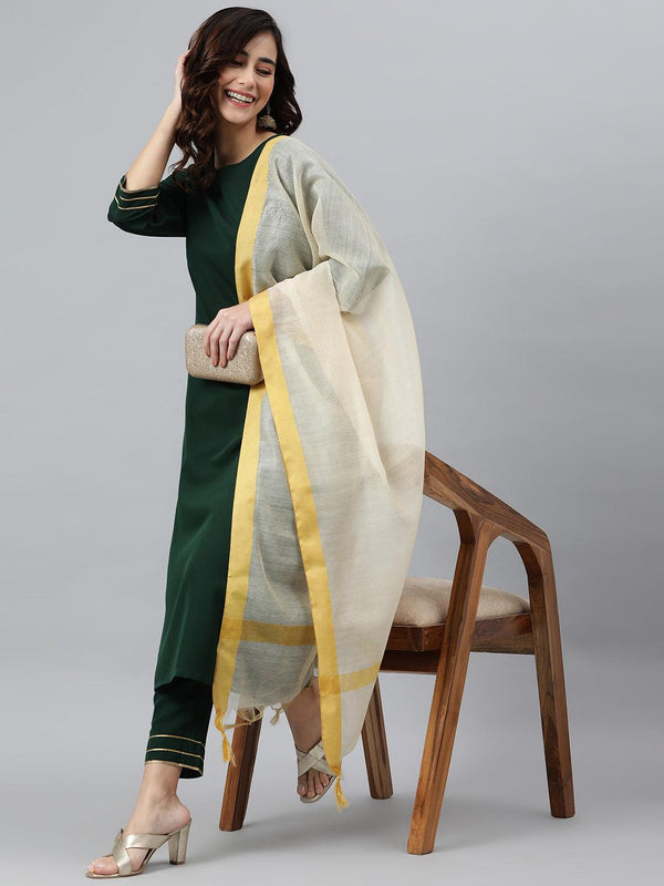 Women's Dark Green Poly Crepe Solid Kurta With Pant And Dupatta - Mansa - Indiakreations