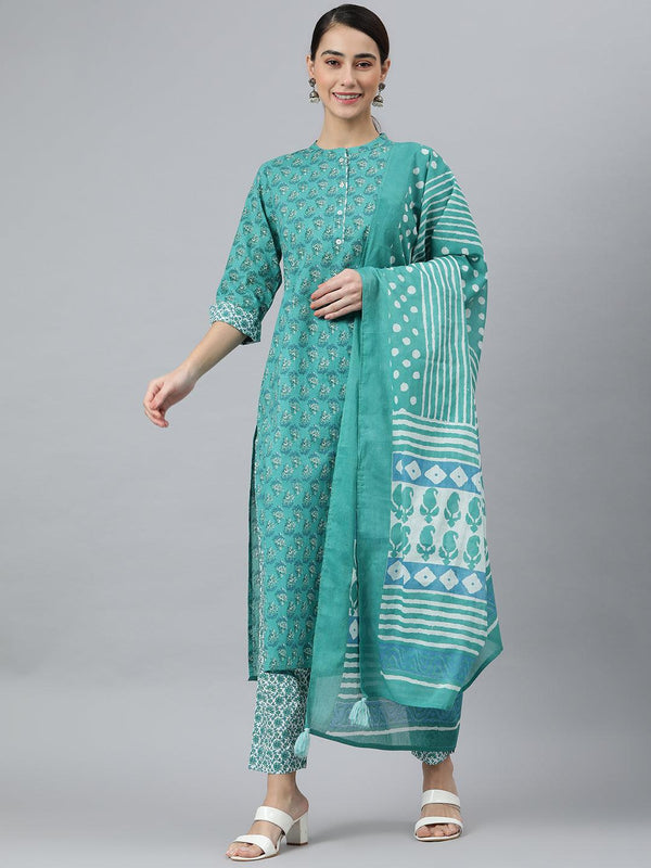 Women's Sea Green Cotton Block Print Kurta With Pant And Dupatta - Mansa - Indiakreations