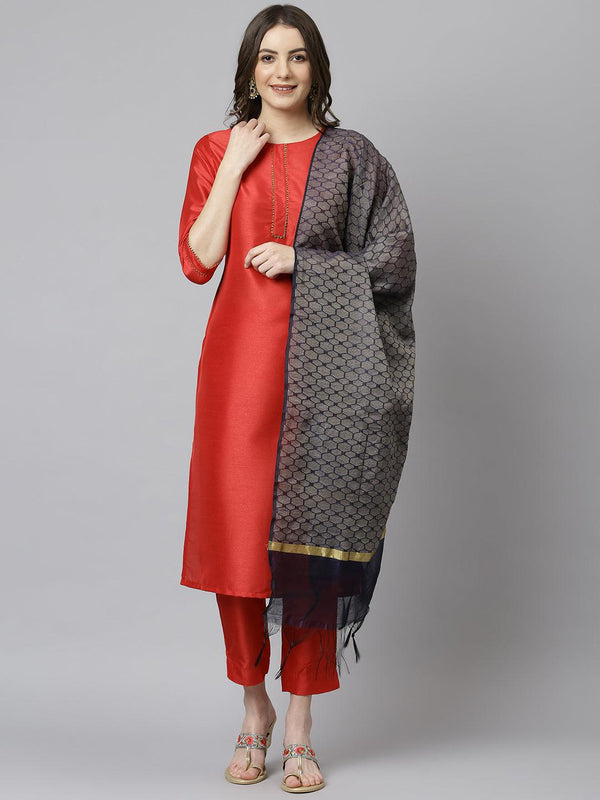 Women's Red Poly Silk Solid Kurta With Pant And Dupatta - Mansa - Indiakreations