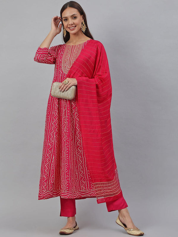 Women's Pink Rayon Bandhani Kurta With Pant And Dupatta - Mansa - Indiakreations