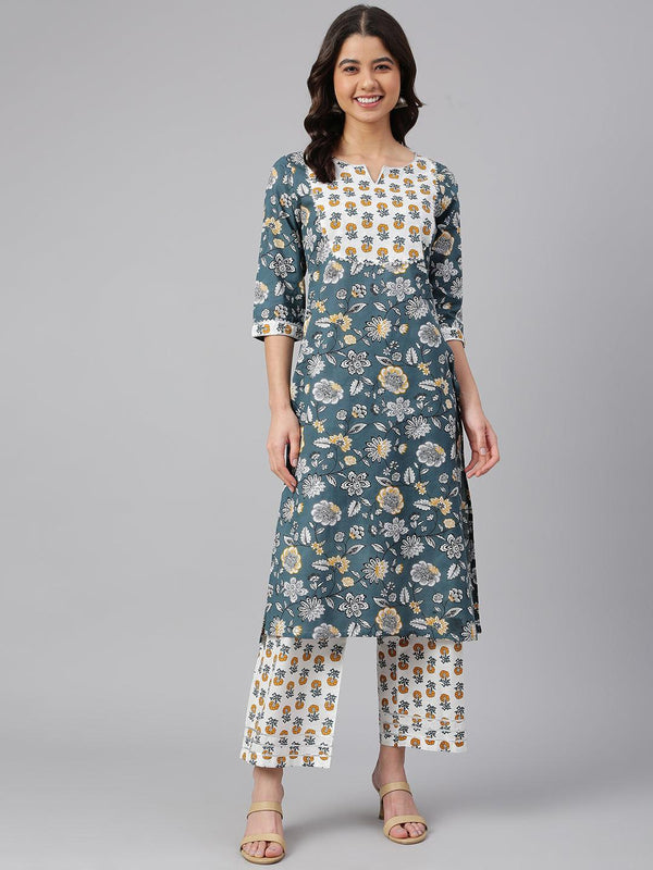 Women's Teal Cotton Floral Print Kurta With Palazzo - Mansa - Indiakreations