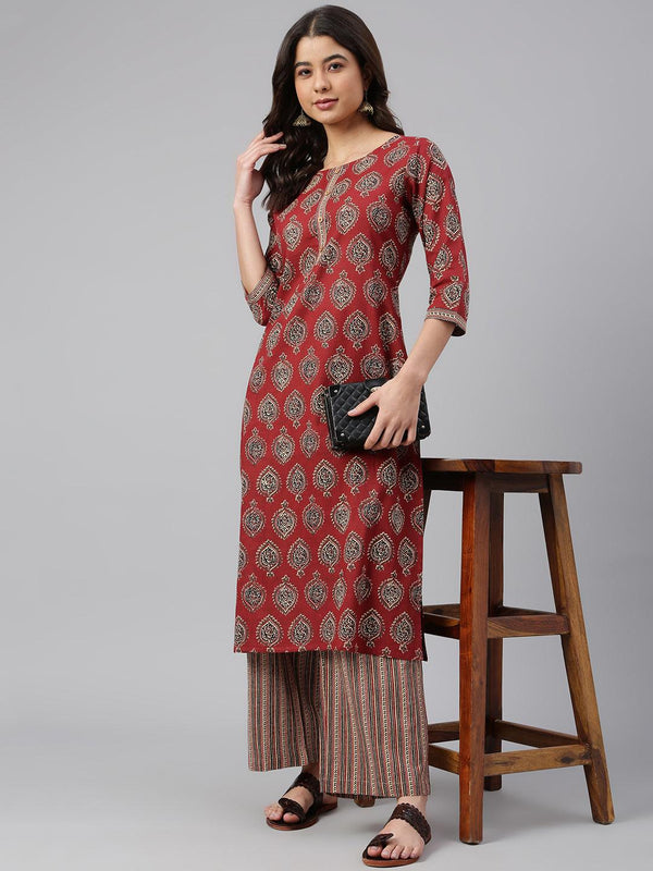 Women's Maroon Cotton Block Print Kurta With Palazzo - Mansa - Indiakreations