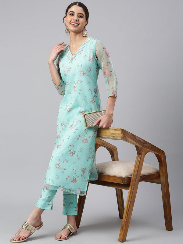 Women's Sea Green Organza Floral Print Kurta With Pant - Mansa - Indiakreations