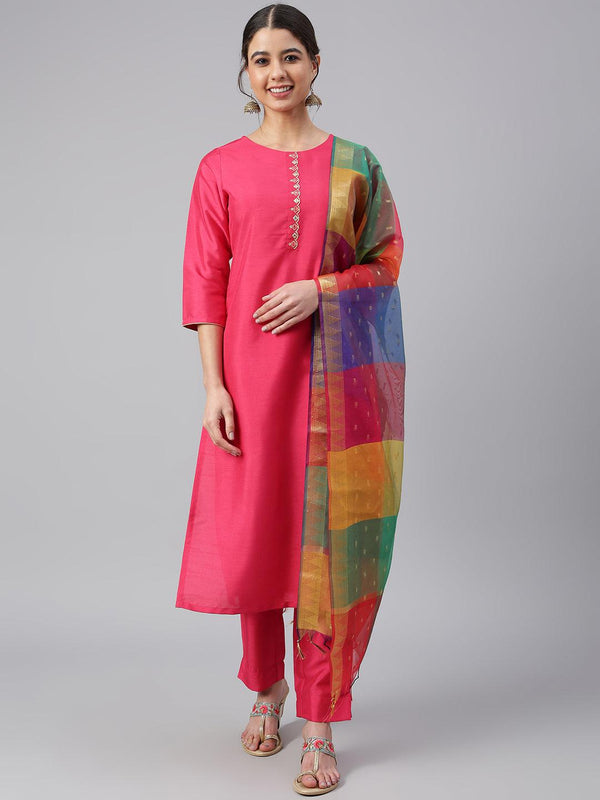 Women's Magenta Poly Silk Embellished Kurta With Pant And Dupatta - Mansa - Indiakreations