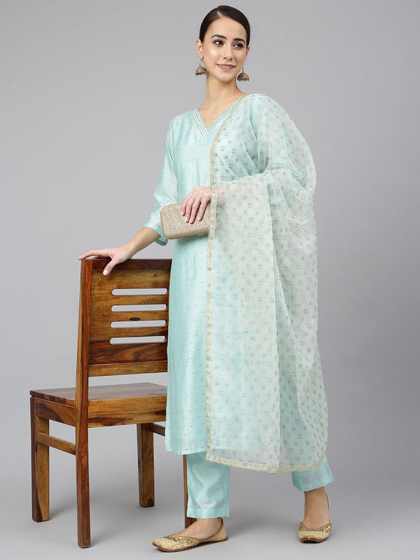 Women's Sea Green Chanderi Silk Embellished Kurta With Pant And Dupatta - Mansa - Indiakreations