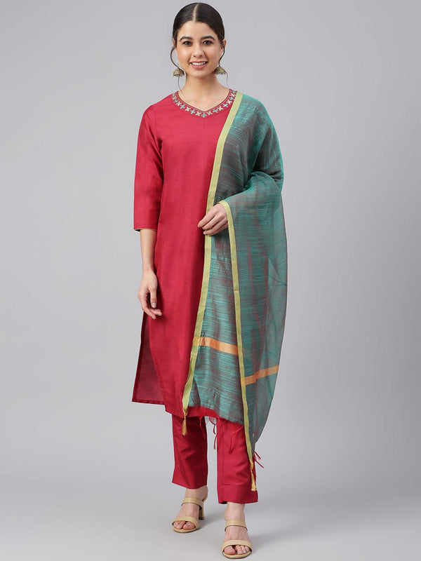 Women's Maroon Crepe Silk Solid Kurta With Pant And Dupatta - Mansa - Indiakreations