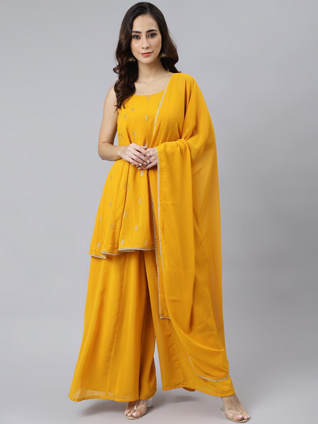 Women's Mustard Georgette Embossed Gold Print Kurta With Sharara And Dupatta - Mansa - Indiakreations