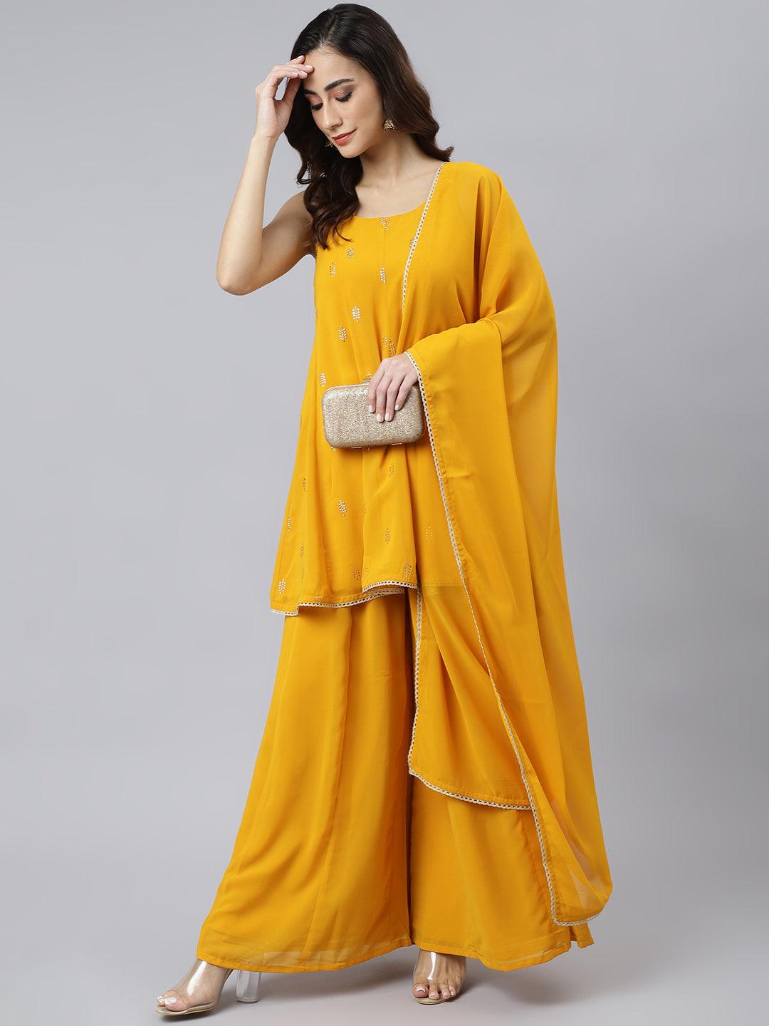 Women's Mustard Georgette Embossed Gold Print Kurta With Sharara And Dupatta - Mansa - Indiakreations