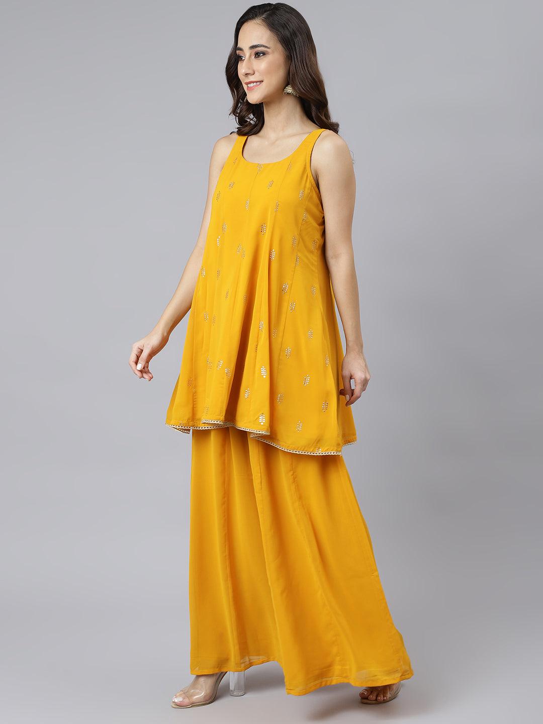 Women's Mustard Georgette Embossed Gold Print Kurta With Sharara And Dupatta - Mansa - Indiakreations