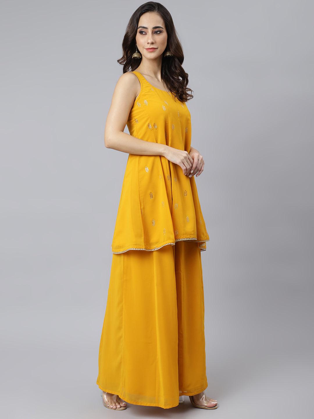 Women's Mustard Georgette Embossed Gold Print Kurta With Sharara And Dupatta - Mansa - Indiakreations