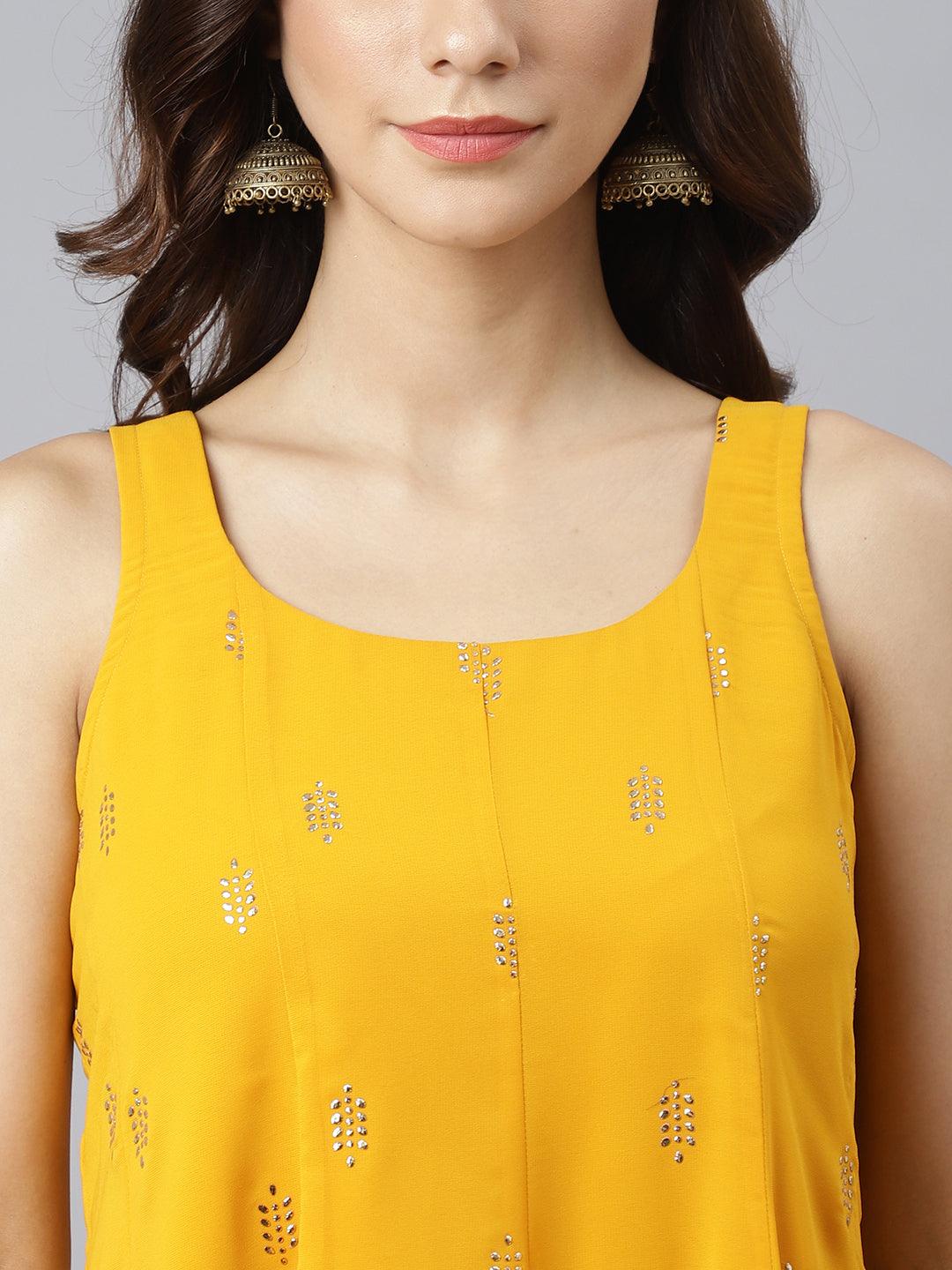 Women's Mustard Georgette Embossed Gold Print Kurta With Sharara And Dupatta - Mansa - Indiakreations