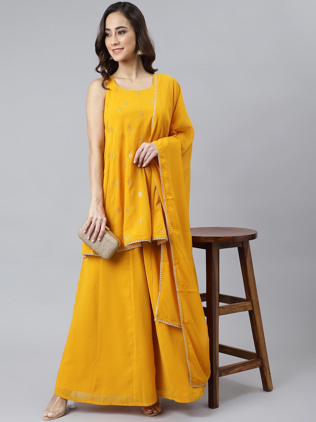 Women's Mustard Georgette Embossed Gold Print Kurta With Sharara And Dupatta - Mansa - Indiakreations