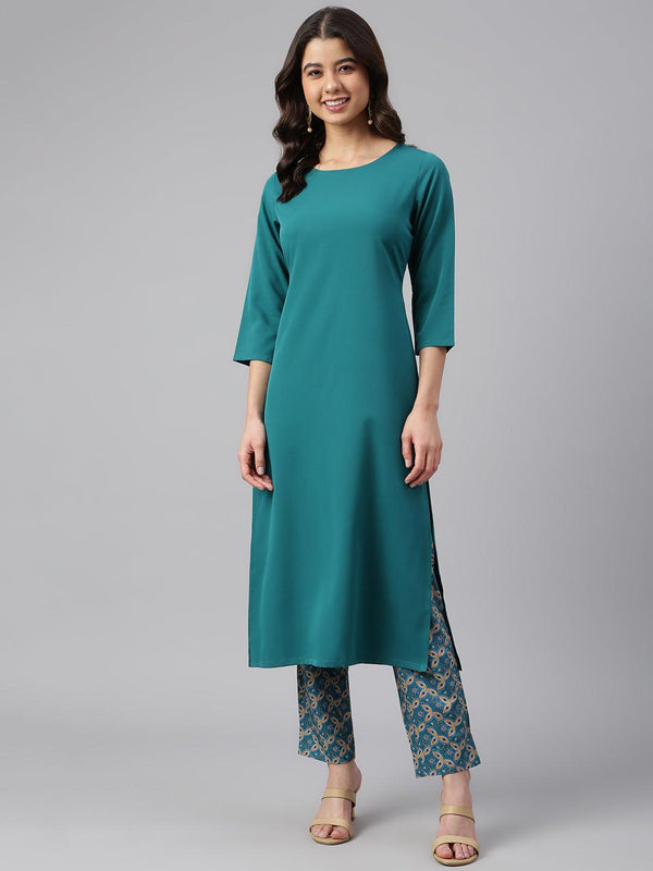 Women's Teal Green Crepe Solid Kurta With Pant - Mansa - Indiakreations