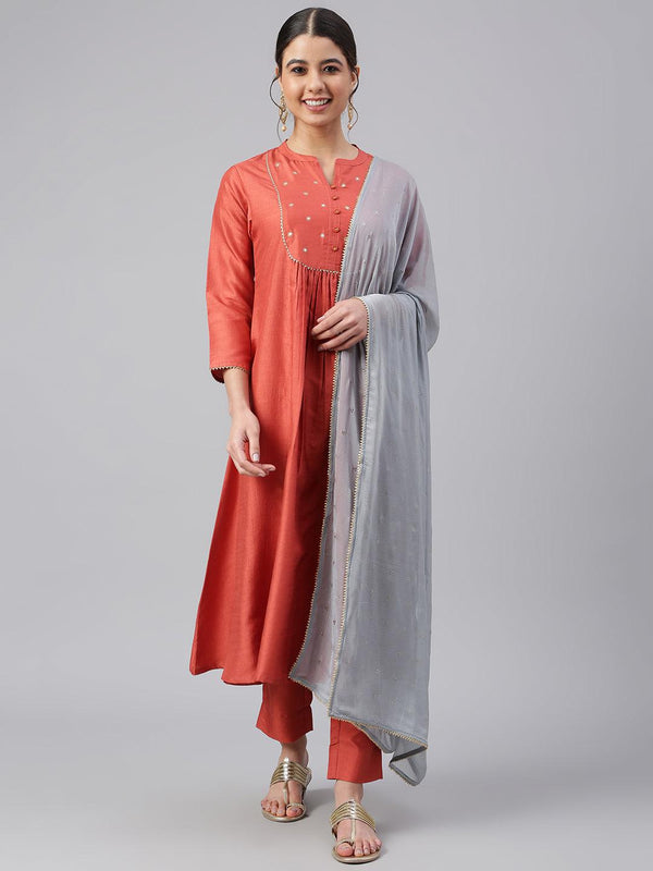 Women's Rust Dola Silk Solid Kurta With Pant And Dupatta - Mansa - Indiakreations