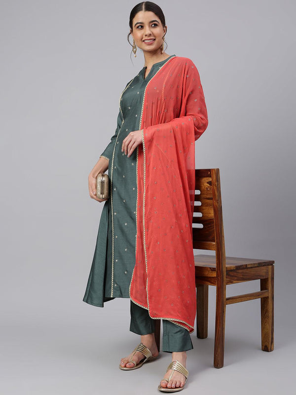 Women's Dark Green Poly Silk Embellished Kurta With Pant And Dupatta - Mansa - Indiakreations