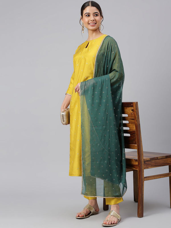 Women's Mustard Poly Silk Embellished Kurta With Pant And Dupatta - Mansa - Indiakreations