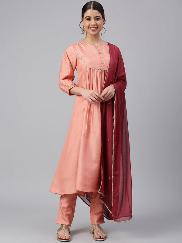 Women's Peach Poly Silk Solid Kurta With Pant And Dupatta - Mansa - Indiakreations