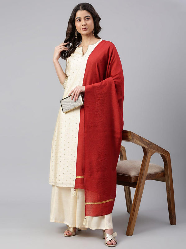 Women's Beige Chanderi Silk Woven Kurta With Palazzo And Dupatta - Mansa - Indiakreations