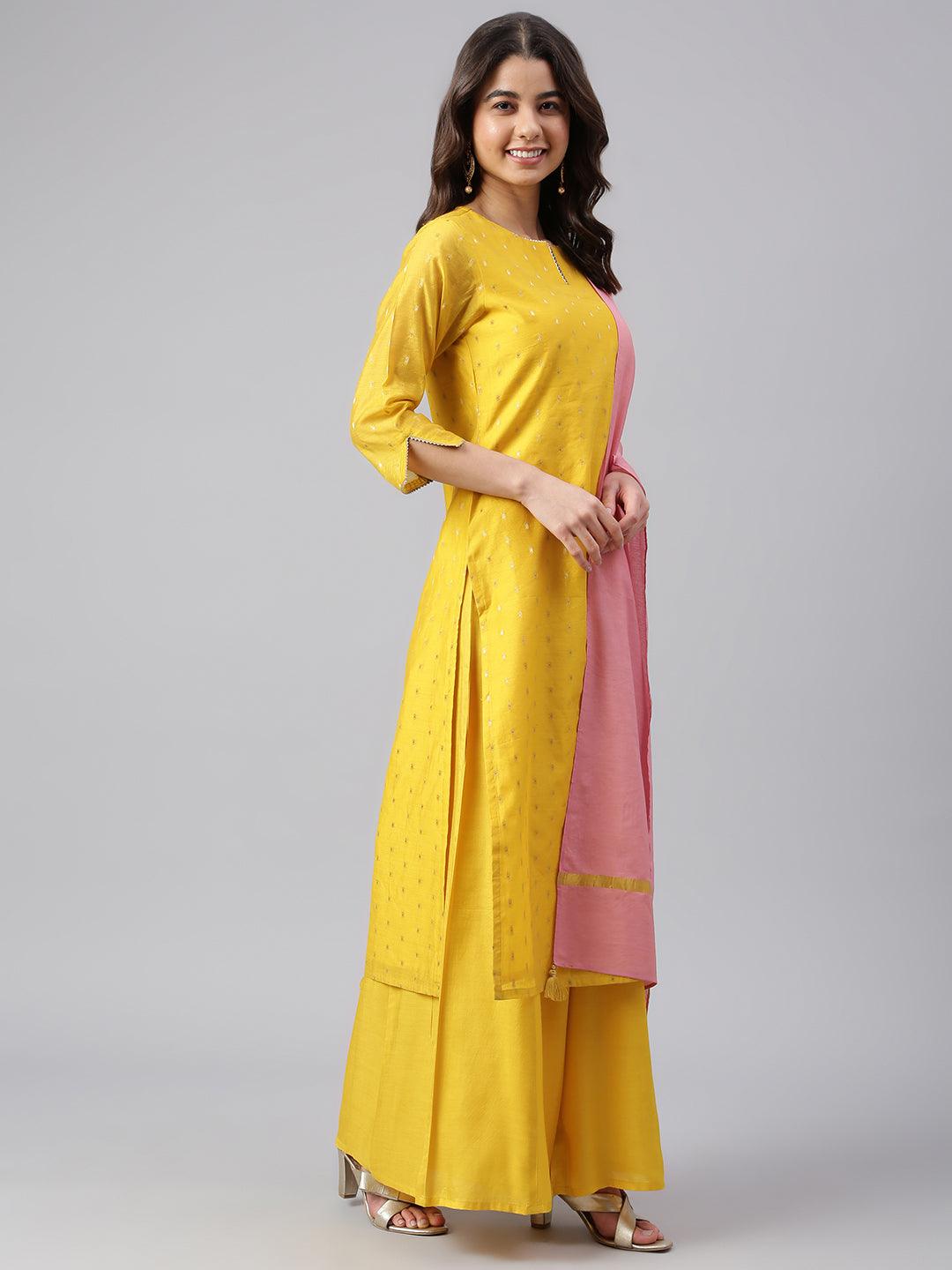 Women's Yellow Chanderi Silk Woven Kurta With Palazzo And Dupatta - Mansa - Indiakreations