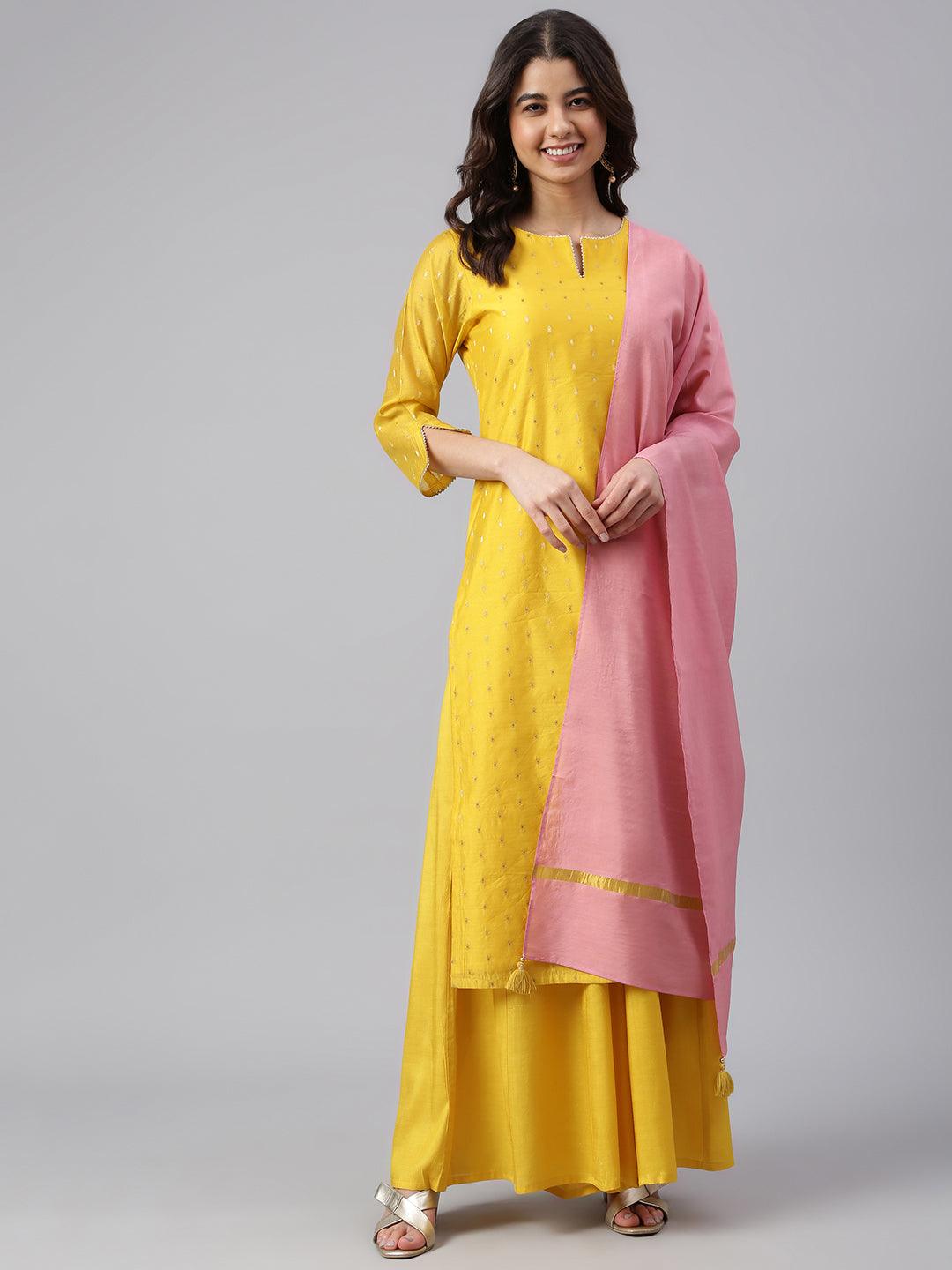 Women's Yellow Chanderi Silk Woven Kurta With Palazzo And Dupatta - Mansa - Indiakreations