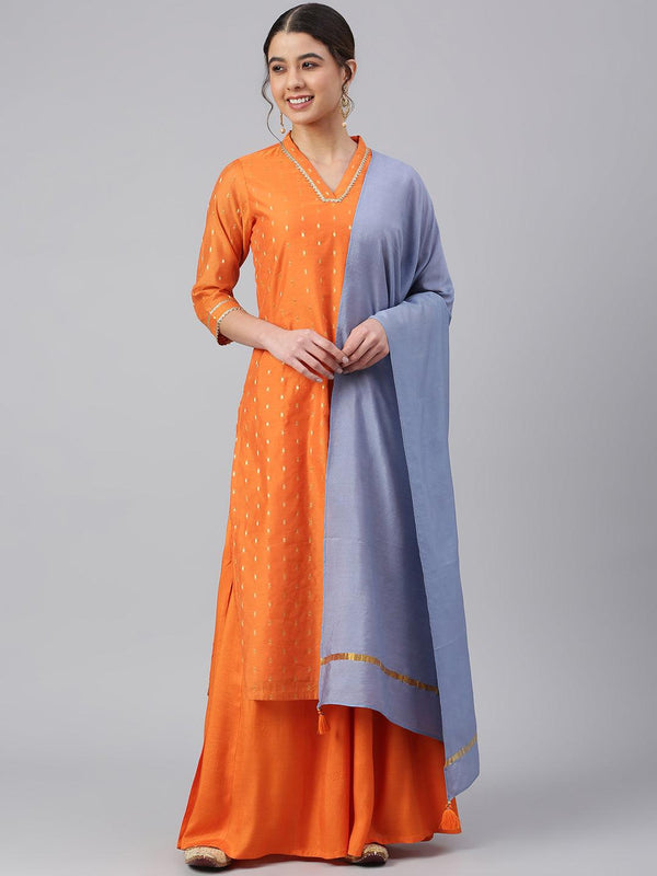 Women's Orange Poly Silk Woven Kurta With Palazzo And Dupatta - Mansa - Indiakreations