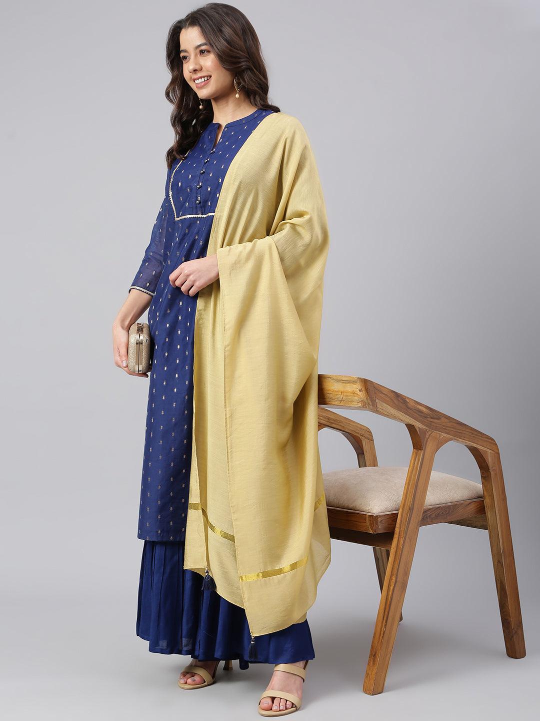 Women's Dark Blue Chanderi Silk Woven Kurta With Sharara And Dupatta - Mansa - Indiakreations