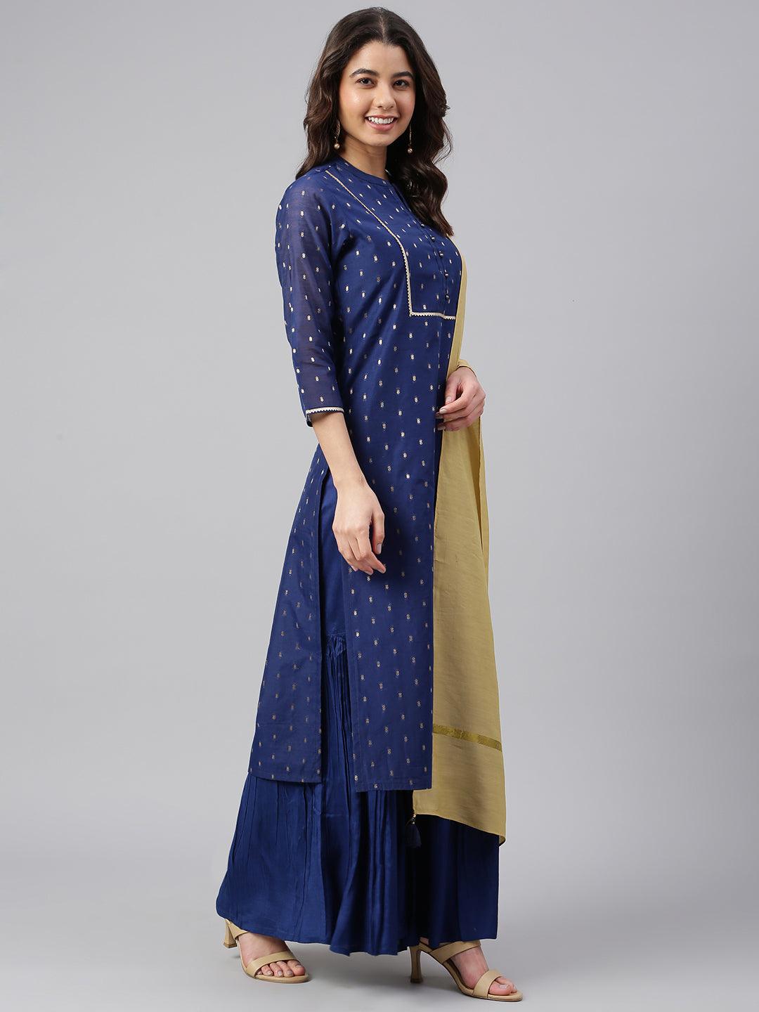 Women's Dark Blue Chanderi Silk Woven Kurta With Sharara And Dupatta - Mansa - Indiakreations