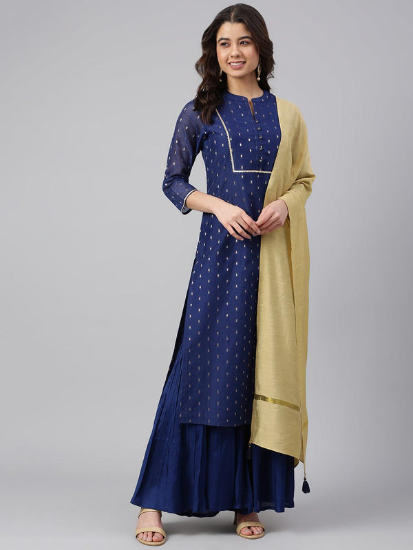 Women's Dark Blue Chanderi Silk Woven Kurta With Sharara And Dupatta - Mansa - Indiakreations