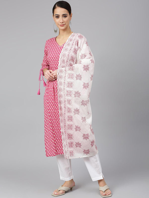 Women's Pink Cotton Floral Print Kurta With Pant And Dupatta - Mansa - Indiakreations