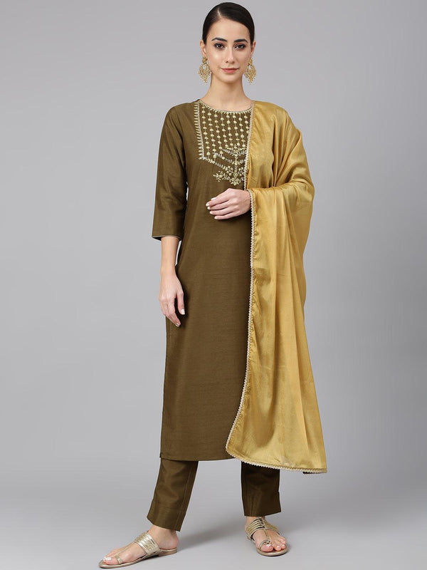 Women's Olive Poly Silk Solid Kurta With Pant And Dupatta - Mansa - Indiakreations