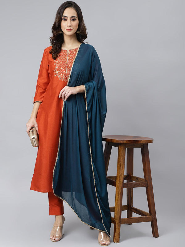 Women's Orange Poly Silk Solid Kurta With Pant And Dupatta - Mansa - Indiakreations